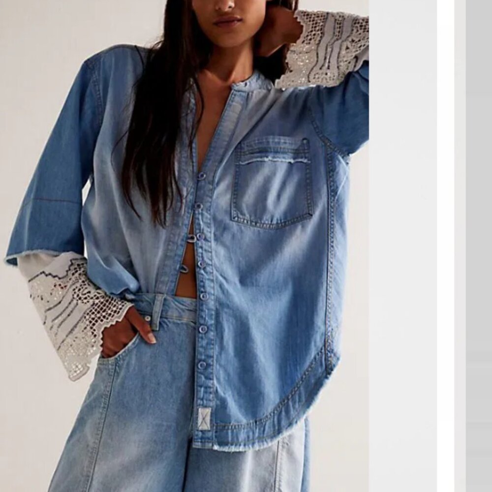 We The Free People Lace and Denim Top Blue White Small